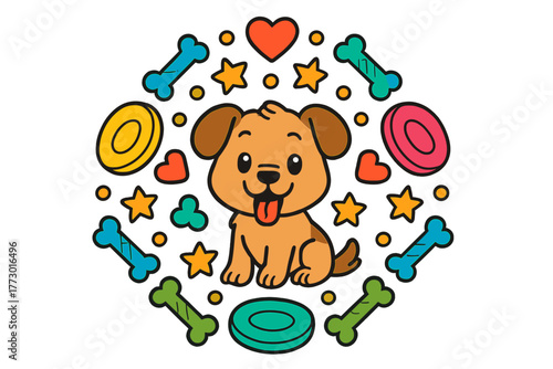 Playful Puppy Mandala. Playful puppy in the middle with frisbees, chew toys, hearts, and stars arranged in joyful mandala