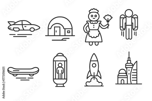 Retro Space Icons. Line style icons of Retro Space Era: Flying Car, Domed House, Robot Maid, Jetpack, Futuristic City, Hoverboard,