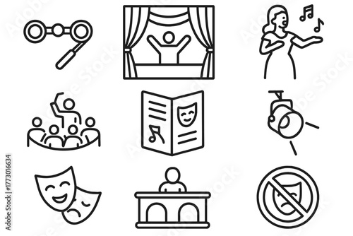 Opera Essentials Icons. Line style icons of Opera: Opera Glasses, Curtain Call, Singer, Orchestra Pit, Program, Spotlight, Mask,