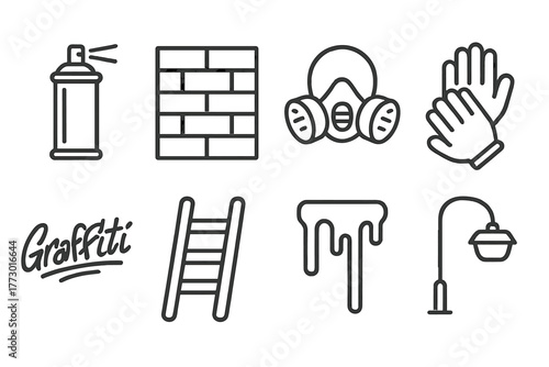 Graffiti Art Elements. Line style icons of Graffiti Art: Spray Paint Can, Wall, Mask, Gloves, Graffiti Tag, Ladder, Drips, Street