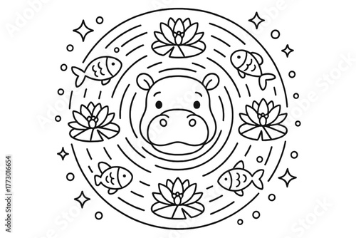 Hippo's Circular Harmony. Hippo in the center with water ripples, lilies, fish, and stars radiating outward in circular balance,