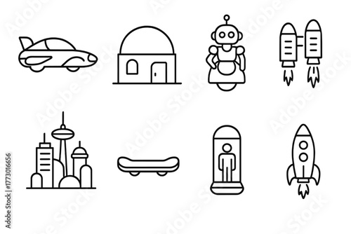 Retro Space Icons. Line style icons of Retro Space Era: Flying Car, Domed House, Robot Maid, Jetpack, Futuristic City, Hoverboard,