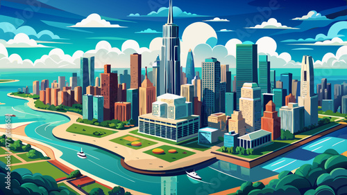 Very beautiful aerial view of Chicago, Illinois, USA, where the vibrant cityscape meets the expansive turquoise waters of Lake Michigan beneath a sky filled with soft, fluffy clouds.