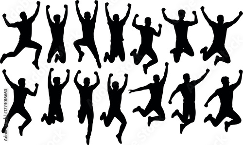 Silhouette of People Jumping Celebrating Success and Happiness isolated on White
