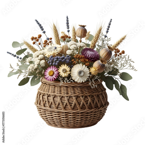 Basket of assorted dried flowers isolated on transparent background