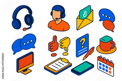 Support Tools Illustration. Isometric vector illustration set headset, support agent, email, messaging, feedback, inquiry: padded