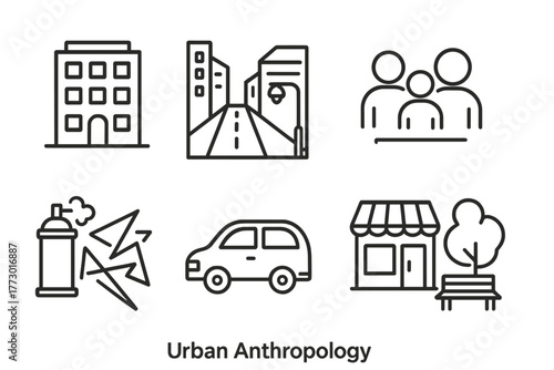 Urban Anthropology Icons. Line style icons of Urban Anthropology: Building, Street, Market, People, Graffiti, Vehicle, Shop, Park,