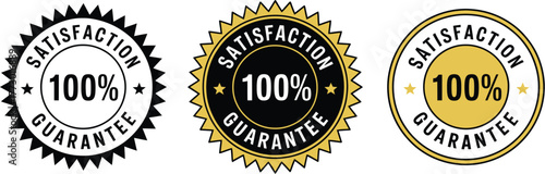 100% Satisfaction Guarantee Seal in Gold, Black, and Yellow for Customer Trust, Money-Back Assurance, and Product Quality Badge Design