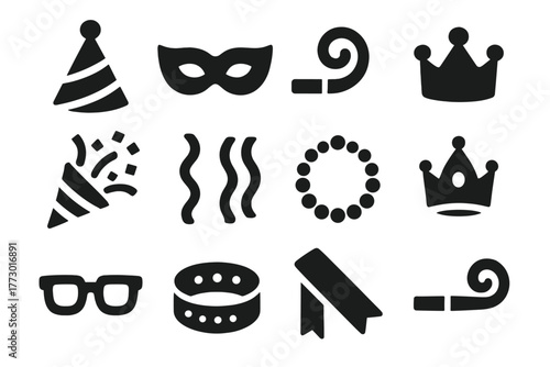 Party Accessories Icons. Solid style icons of Party accessories: party hat, mask, horn, crown, confetti popper, streamers, beads,