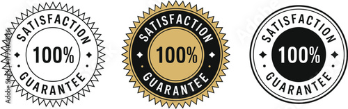100% Satisfaction Guarantee Seal in Gold, Black, and Yellow for Customer Trust, Money-Back Assurance, and Product Quality Badge Design