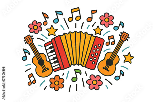 Musical Harmony Radiance. Accordion in the middle with notes, stars, guitars, and flowers radiating outward in playful circular