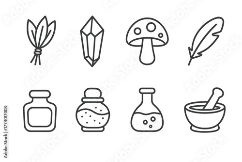 Magical Ingredient Icons. Line style icons of Magical Ingredients: Herb Bundle, Crystal, Mushroom, Feather, Inkwell, Powder Jar,