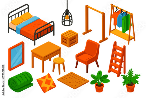 Vivid Bedroom Elements. Isometric vector illustration set bedroom elements collection: industrial metal bed, wooden crate