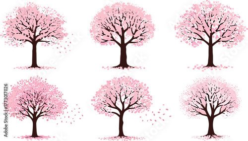 Cherry blossom tree collection, pink floral vector illustration, spring nature landscape art design