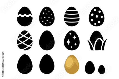 Easter Egg Icons. Solid style icons of Easter eggs: painted egg, speckled egg, striped egg, polka dot egg, foil egg, chocolate egg