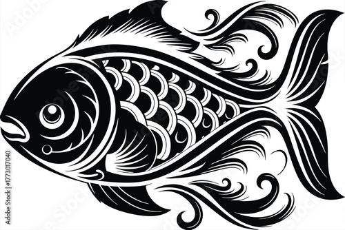 Fish outlined in bold black with ornate swirl accents flows elegantly