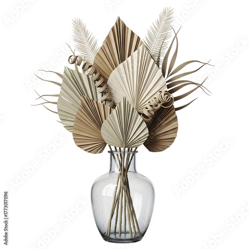 Dried palm leaves arrangement in a clear glass vase isolated on transparent background