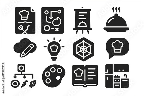 Cooking Design Icons. Solid style icons of Cooking inspiration: recipe sketch, ingredient plan, menu board, plating design,