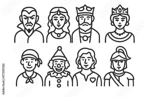 Opera Character Icons. Line style icons of Opera Characters: Villain, Heroine, King, Queen, Servant, Clown, Lover, Soldier, No