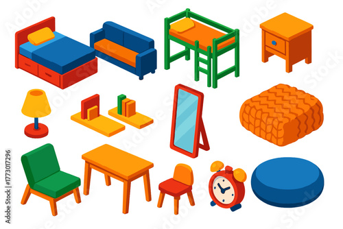 Colorful Bedroom Elements. Isometric vector illustration set bedroom elements collection: storage bed with drawers, sofa bed, loft