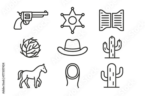 Wild West Icons. Line style icons of Wild West: Revolver, Sheriff's Badge, Saloon Doors, Tumbleweed, Cowboy Hat, Cactus, Horse,