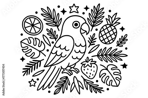 Tropical Parrot Mandala. Parrot in the middle with feathers, fruits, tropical leaves, and stars radiating outward in mandala-like