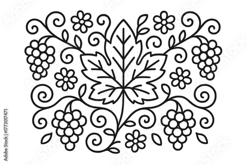 Vine Leaves Mandala. Vine leaves in the center with grapes, flowers, and spirals extending outward symmetrically, black and white
