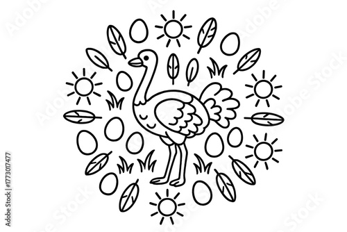 Radiant Ostrich Mandala. Ostrich in the middle with feathers, eggs, suns, and grass radiating outward in circular symmetry, black