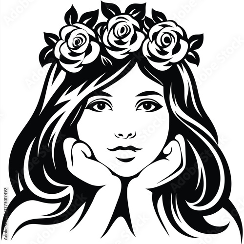 Girl resting her chin in her hands, adorned with a rose flower crown