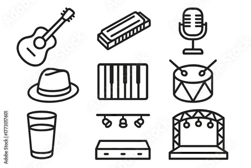 Blues Instrument Icons. Line style icons of Blues: Guitar, Harmonica, Microphone, Hat, Piano, Drum, Glass, Stage, No text, No
