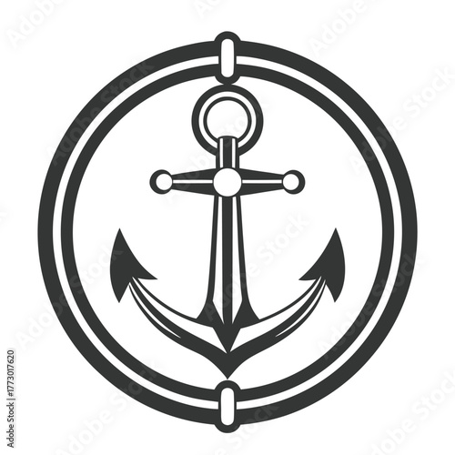 Gray anchor encircled by rope, showing a nautical theme, designed with bold lines and simple shading