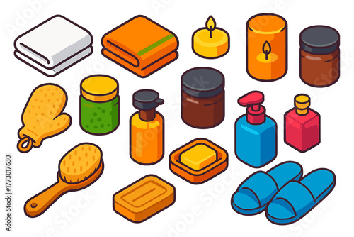 Isometric Bath Essentials. Isometric vector illustration set featuring towel, candle, and bath supplies: plain white towel,