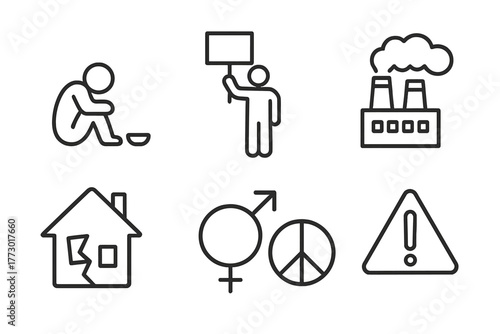 Social Issues Icons. Line style icons of Social Issues: Poverty, Protest, Scales, Pollution, Broken House, Gender Symbol, Peace