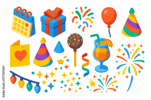 Colorful Celebration Icons. Isometric vector illustration set Celebration and Events: calendar, gift box, confetti, balloon, party