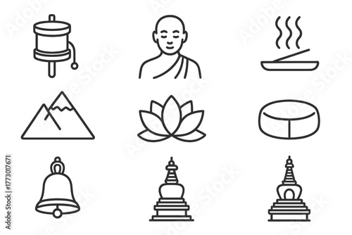 Spiritual Ascent Icons. Line style icons of Spiritual Ascent: Prayer Wheel, Monk, Incense, Mountain Peak, Lotus Flower, Meditation