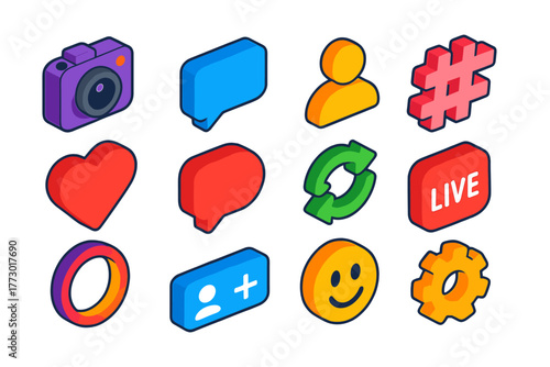 Social Media Icons. Isometric vector illustration set Social Media and Interaction: camera, speech bubble, user icon, hashtag,
