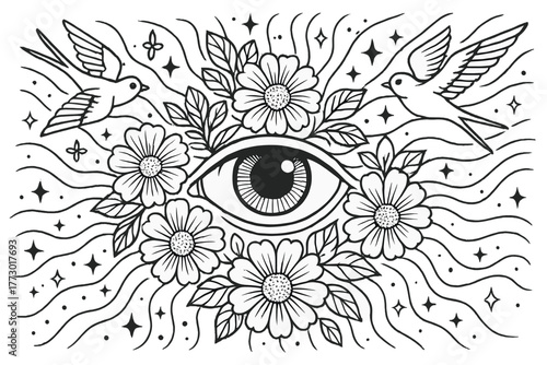 Floral Cosmic Eye. Street art mural of a giant eye with flowers, birds, and cosmic waves radiating outward, black and white line