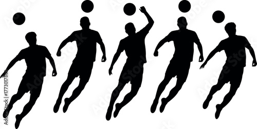 Silhouette of soccer players heading balls in black and white action
