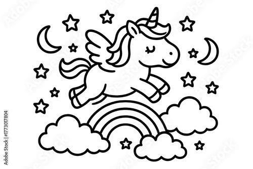Flying Unicorn Adventure. A cute unicorn flying above stars and moons with a rainbow and fluffy clouds, black and white line art,