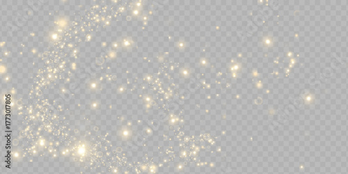 The light of gold dust, bokeh light effect background. Christmas glowing dust background, Yellow flickering glow with confetti bokeh light and particle motion. The dust sparks and golden stars shine.