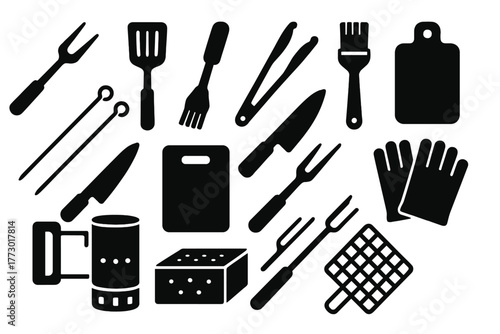Barbecue Tools Icons. Solid style icons of Barbecue tools: grill fork, spatula, tongs, basting brush, skewers, knife, cutting