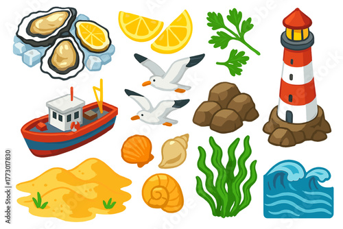 Coastal Feast Elements. Isometric vector illustration set featuring food and nature: fresh oysters, lemon wedges, parsley sprigs,