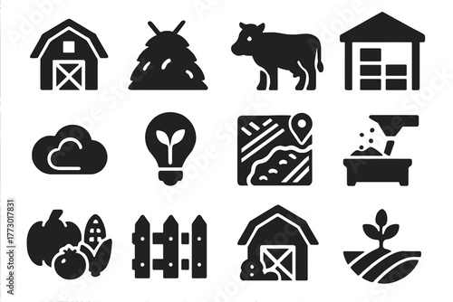 Farm Iconic Elements. Solid style icons of Farm inspiration: barn sketch, haystack layout, animal drawing, storage plan, creative