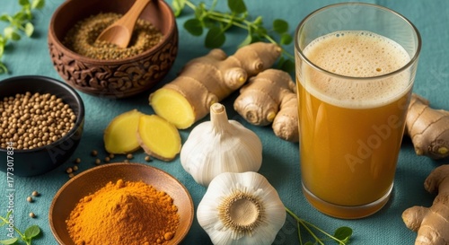 Ginger and garlic with spices and drink on a teal backdrop highlighting healthy cooking