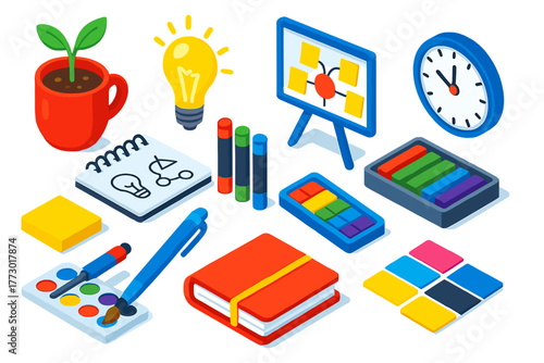 Creative Growth Icons. Isometric vector illustration set growth and creativity: plant sprouts in cup, illuminated light bulb,