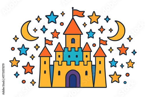 Radiant Majestic Castle. Castle in the middle with towers, flags, moons, and stars radiating outward in majestic symmetry, bright