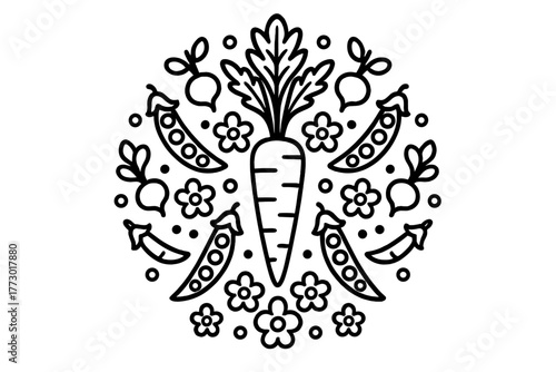 Vegetable Mandala Coloring Page. Carrot in the center with leaves, small radishes, peas, and flowers arranged in a circular