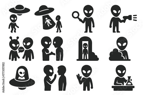 Alien Behavior Icons. Solid style icons of Alien behavior: hovering, abducting, exploring, scanning, communicating, teleporting,