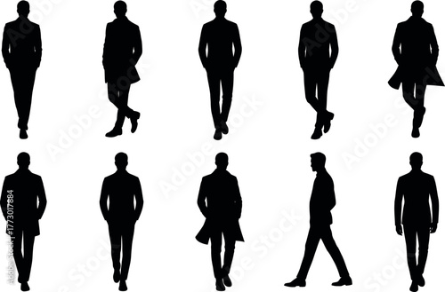 Silhouette of stylish men walking in suits and coats collection set