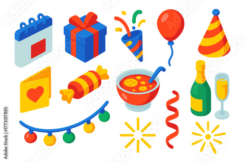 Festive Icons Collection. Isometric vector illustration set Celebration and Events: calendar, gift box, confetti, balloon, party